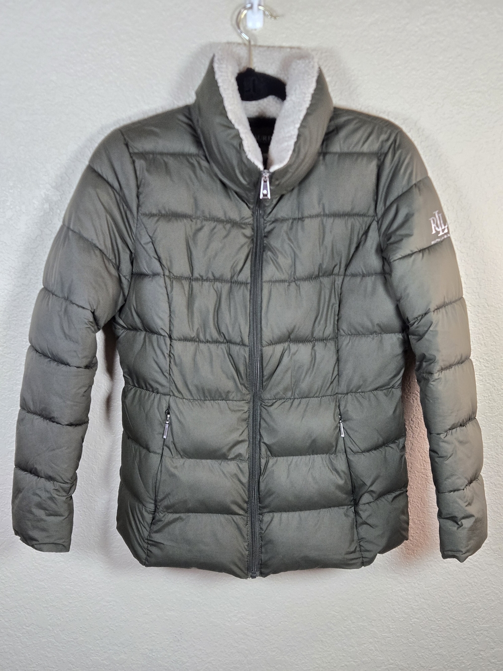 Lauren Ralph Lauren Sherpa Collar Olive Green Quilted Puffer Jacket Coat Small